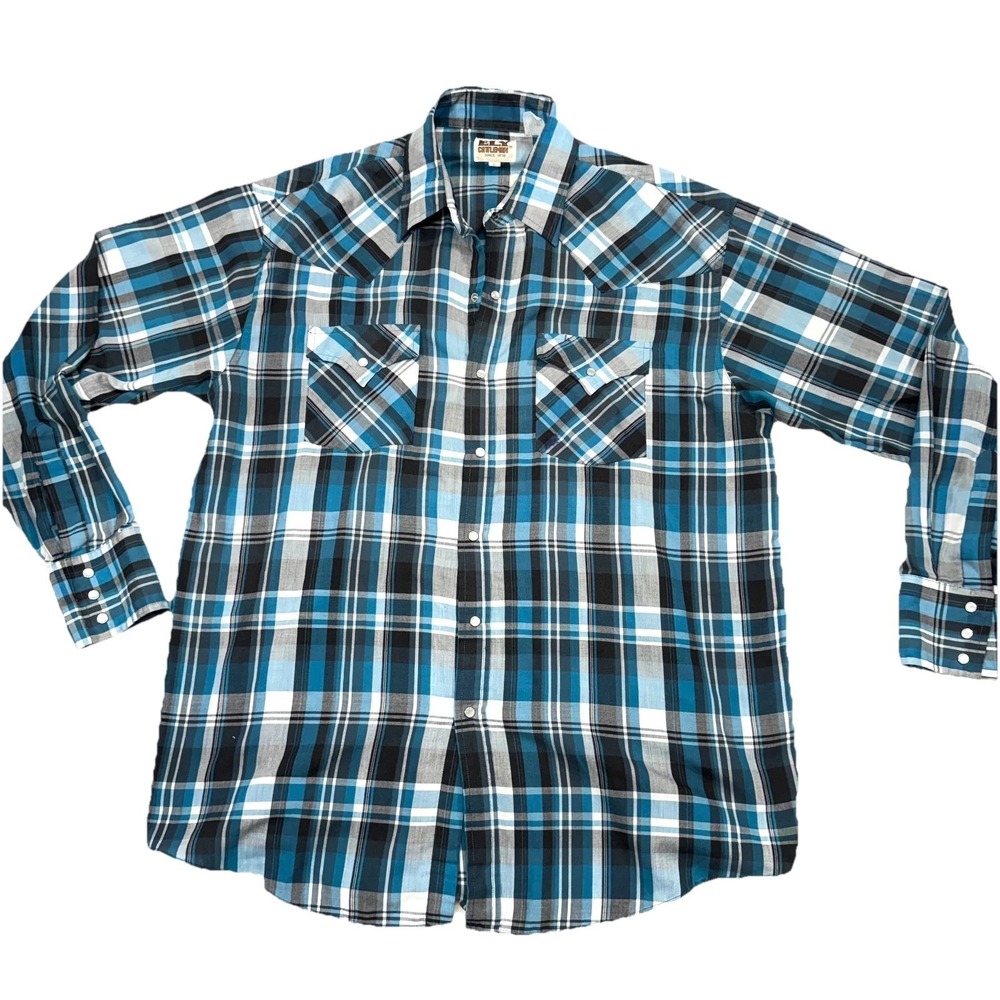 Ely Cattleman Western Shirt Men Large Blue Plaid Cowboy Pockets Pearl Snap Front